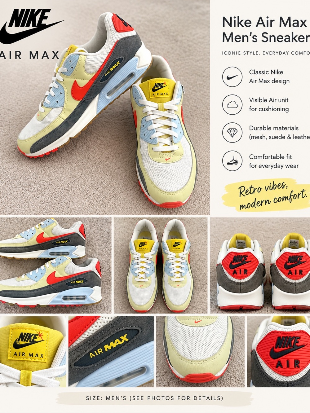 Nike Air Max 90 Multicolor Suede Yellow Blue Red Men’s Sneakers CJ0612-700